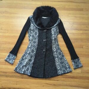 Y2K Sioni Faux Fur Collar Knit Cardigan Goth Glam Indie Black Gray - Medium